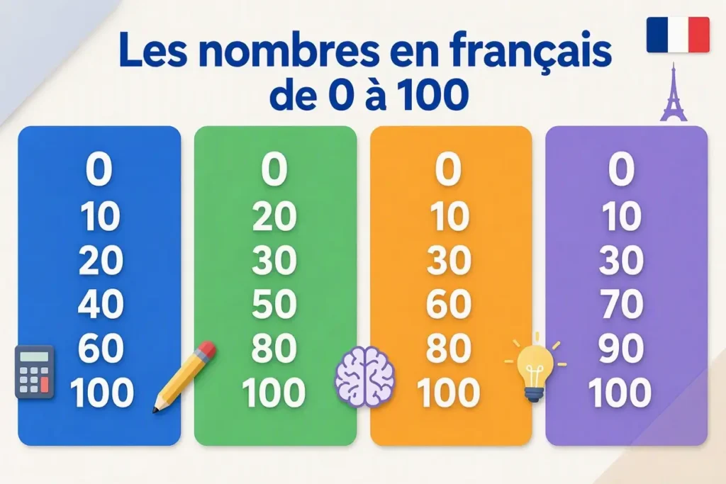 Nombres en français de 0 à 100 — illustration éducative colorée