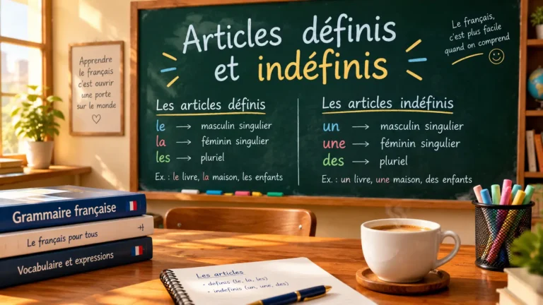 Tableau explicatif des articles définis et indéfinis en français (le, la, les, un, une, des) pour la grammaire.