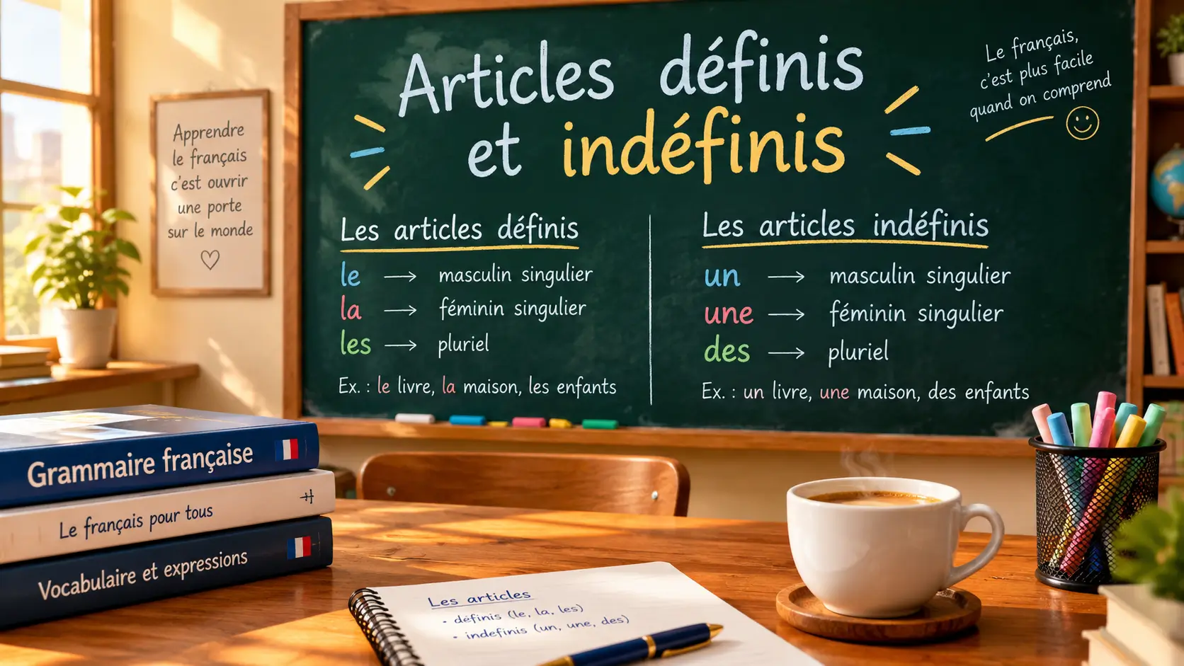 Tableau explicatif des articles définis et indéfinis en français (le, la, les, un, une, des) pour la grammaire.