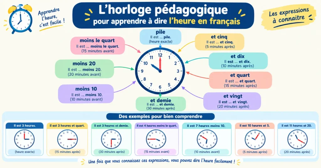 « Horloge pédagogique pour apprendre à dire l'heure en français avec les expressions et quart, et demie et moins le quart »