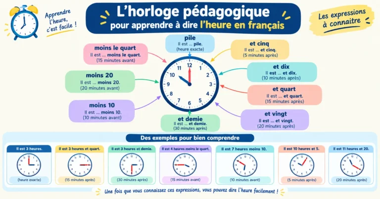 « Horloge pédagogique pour apprendre à dire l'heure en français avec les expressions et quart, et demie et moins le quart »