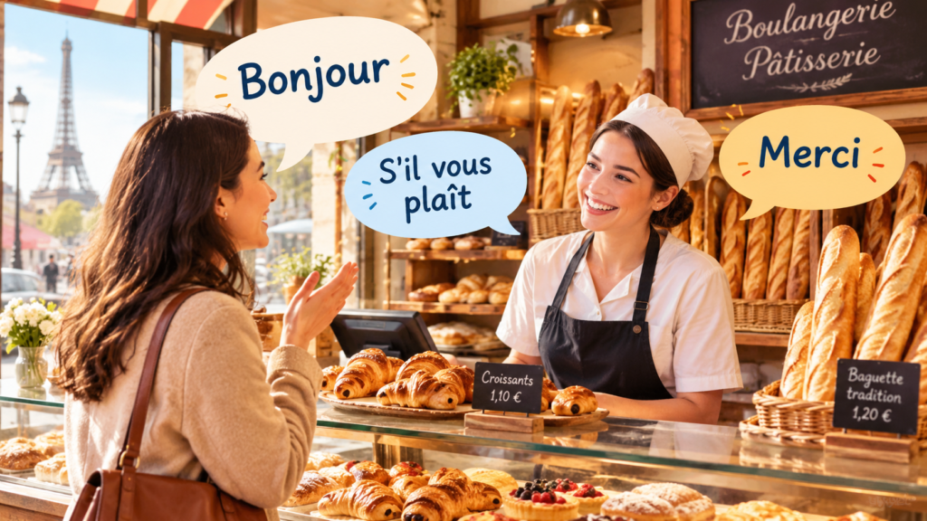 Formules de politesse françaises : une cliente dit bonjour à une boulangère dans une boulangerie parisienne