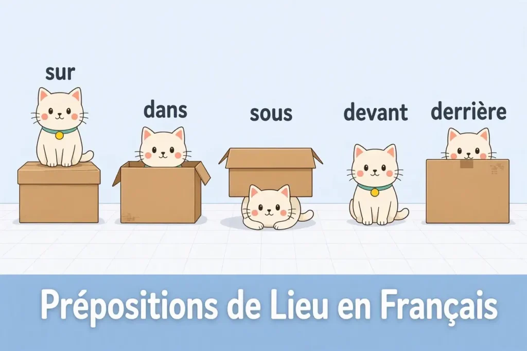 Prépositions de lieu français : chat sur, sous, dans et devant une boîte – guide visuel